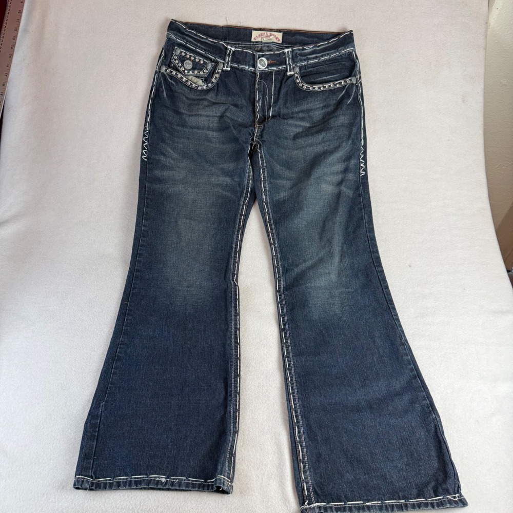 Laguna Beach Jean Co Mens Dark Wash Fleur De Lis Rhinestone Bootcut Jeans 37x31